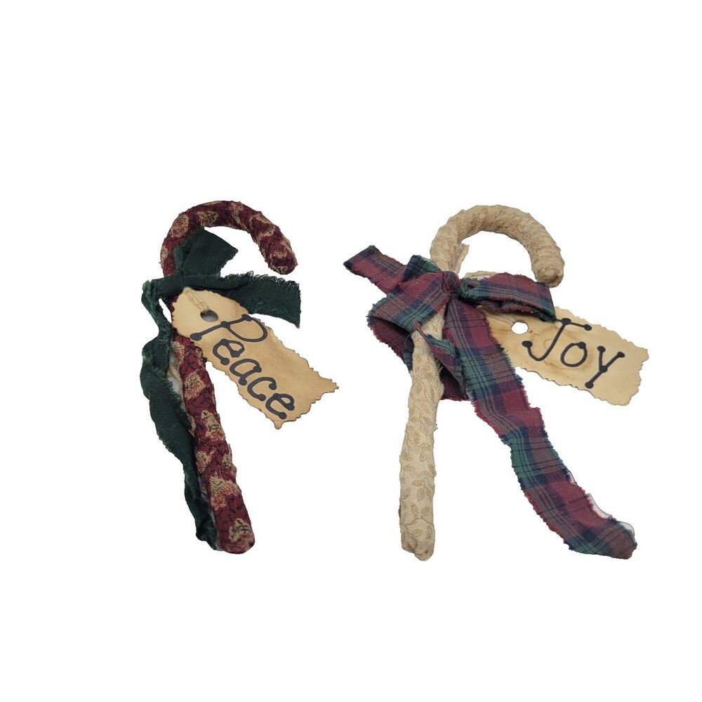 Primitive Candy Cane Ornament Set 2 Fabric Farmhouse Country Peace, Joy #8